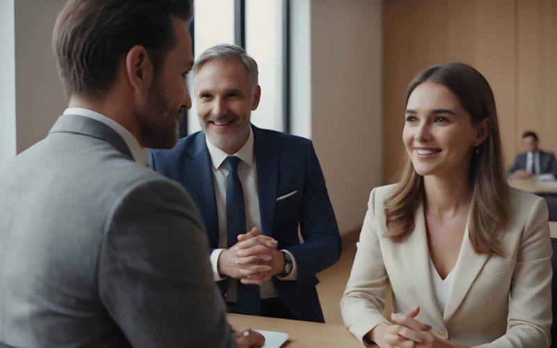 Business team having meeting in modern office. Businesspeople discussing work sitting at desk